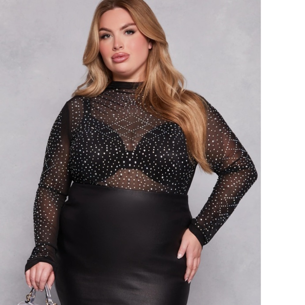 Black Mesh Rhinestone Studded Long Sleeve Top
